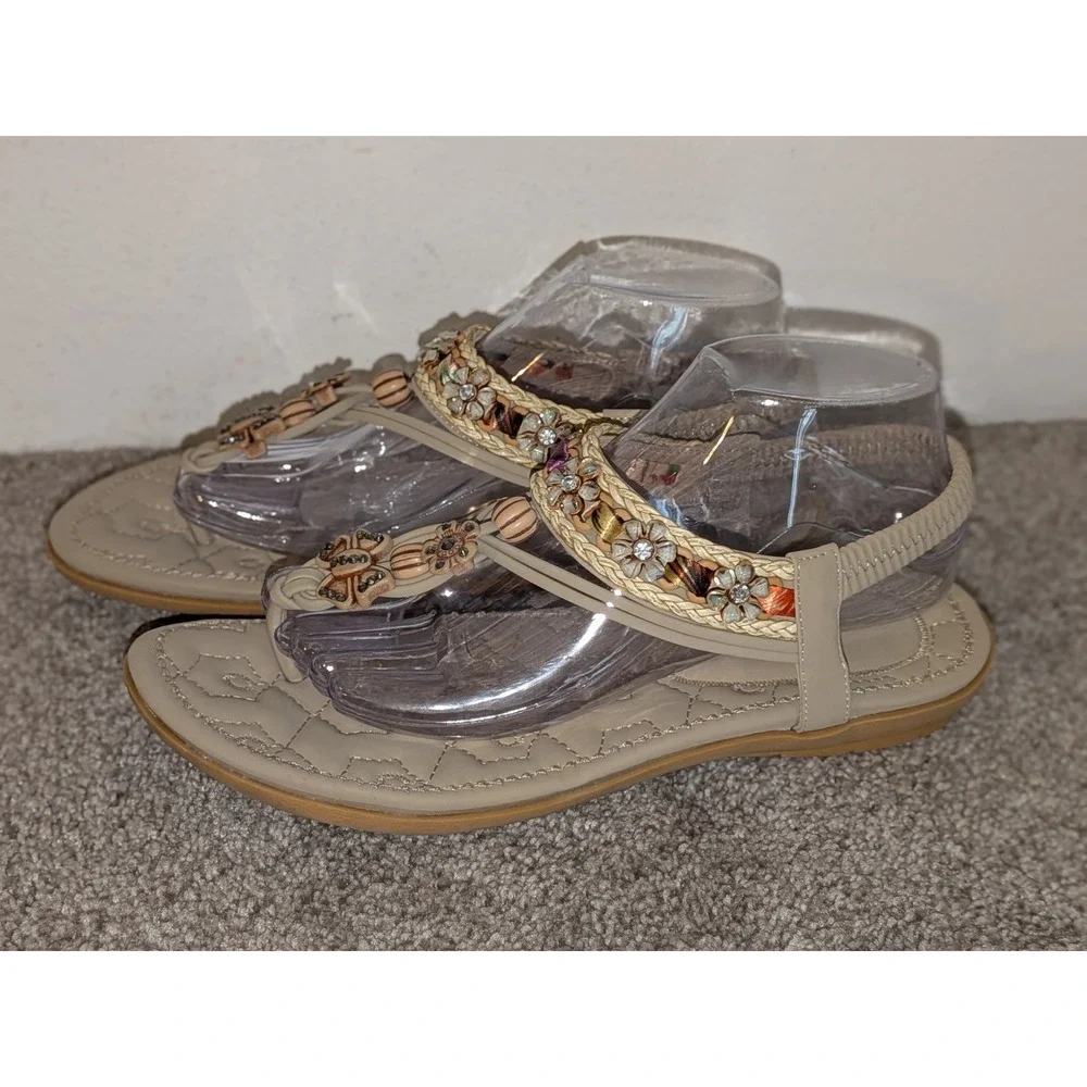 Boho Beaded Floral Butterfly Sandals Beige Elastic Slingback Flat Size 11 NEW‎